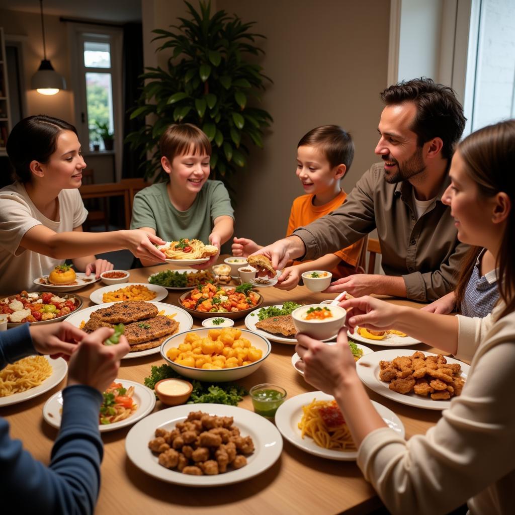 Family sharing a meal with diverse dishes