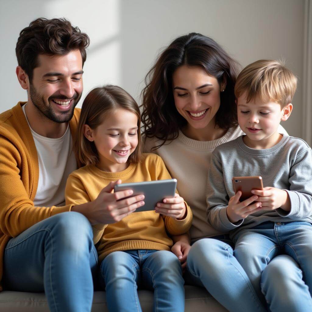 Family using mobile devices together