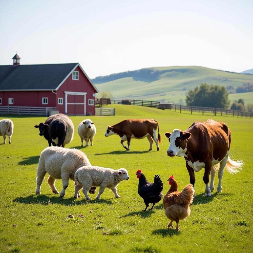 Farm animals roaming freely in a lush green pasture