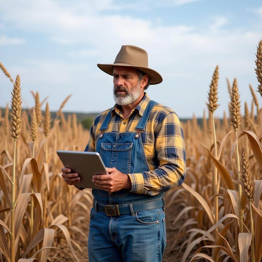 Farmer examining drought-affected crops