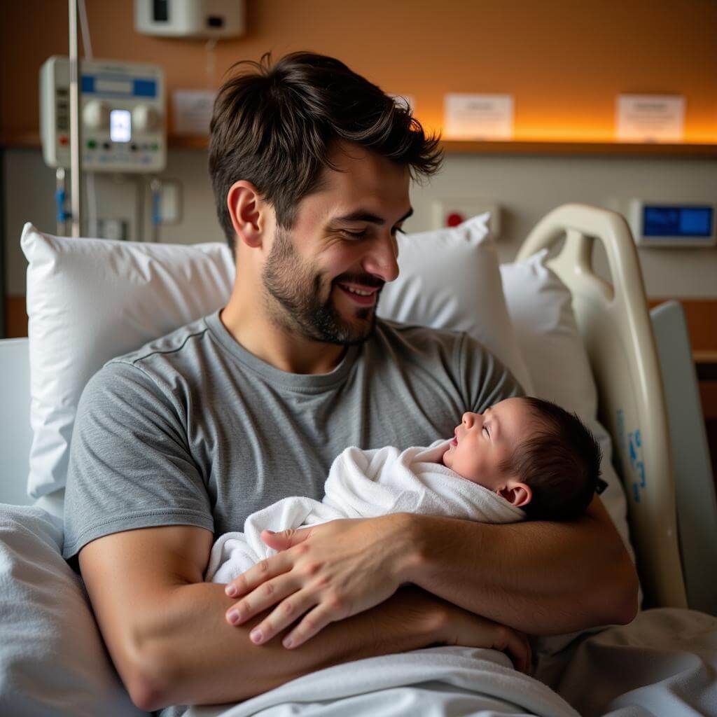 Father holding newborn baby in hospital