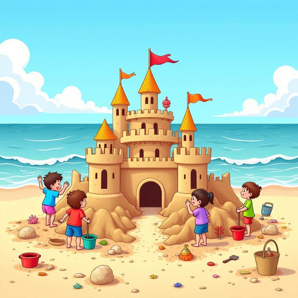 Children building an elaborate sandcastle on a sunny beach