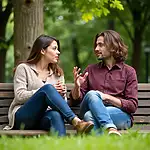 Friends having a serious discussion in a park