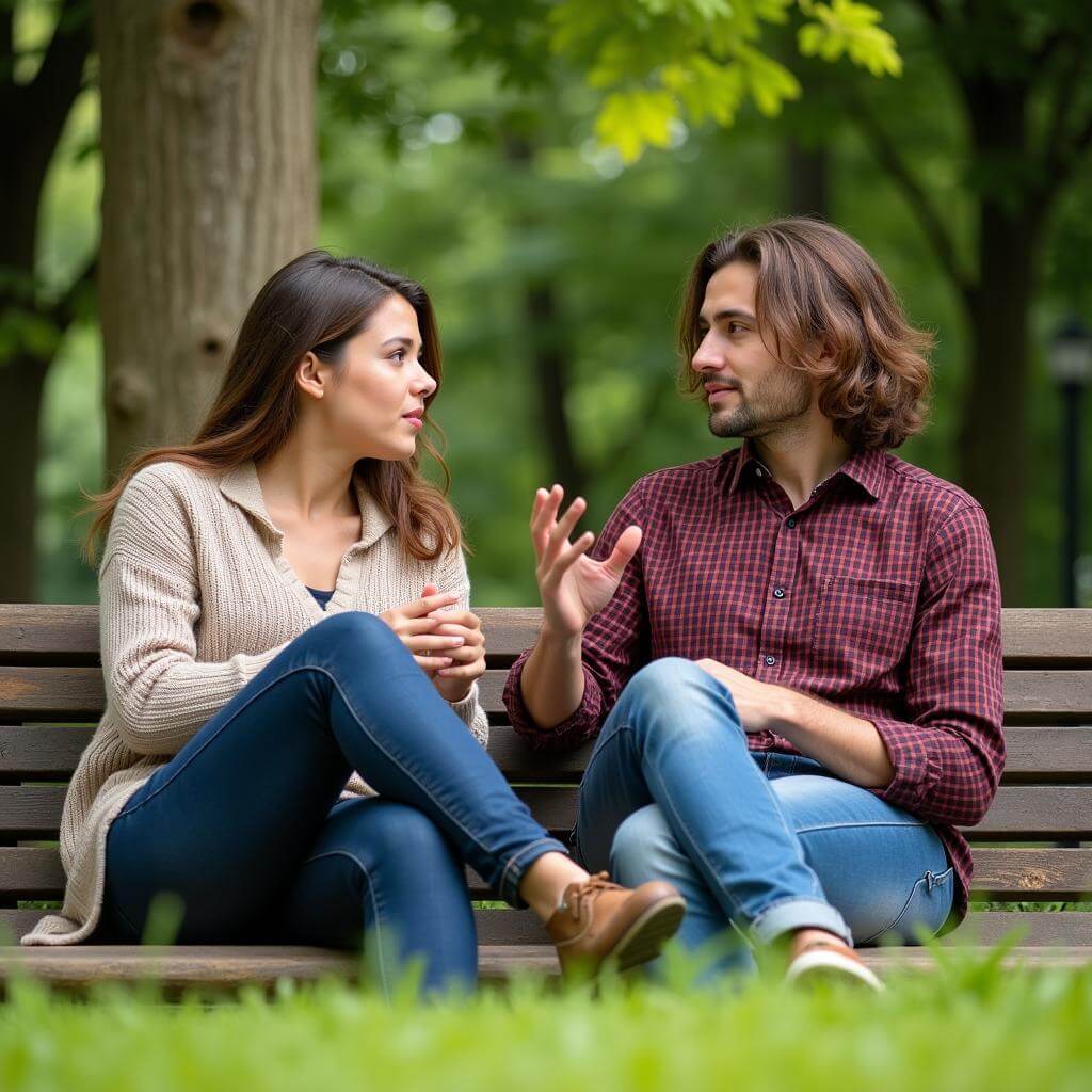 Friends having a serious discussion in a park