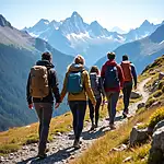 Friends hiking together in the mountains