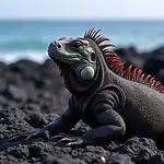 Galapagos marine iguana basking on volcanic rocks