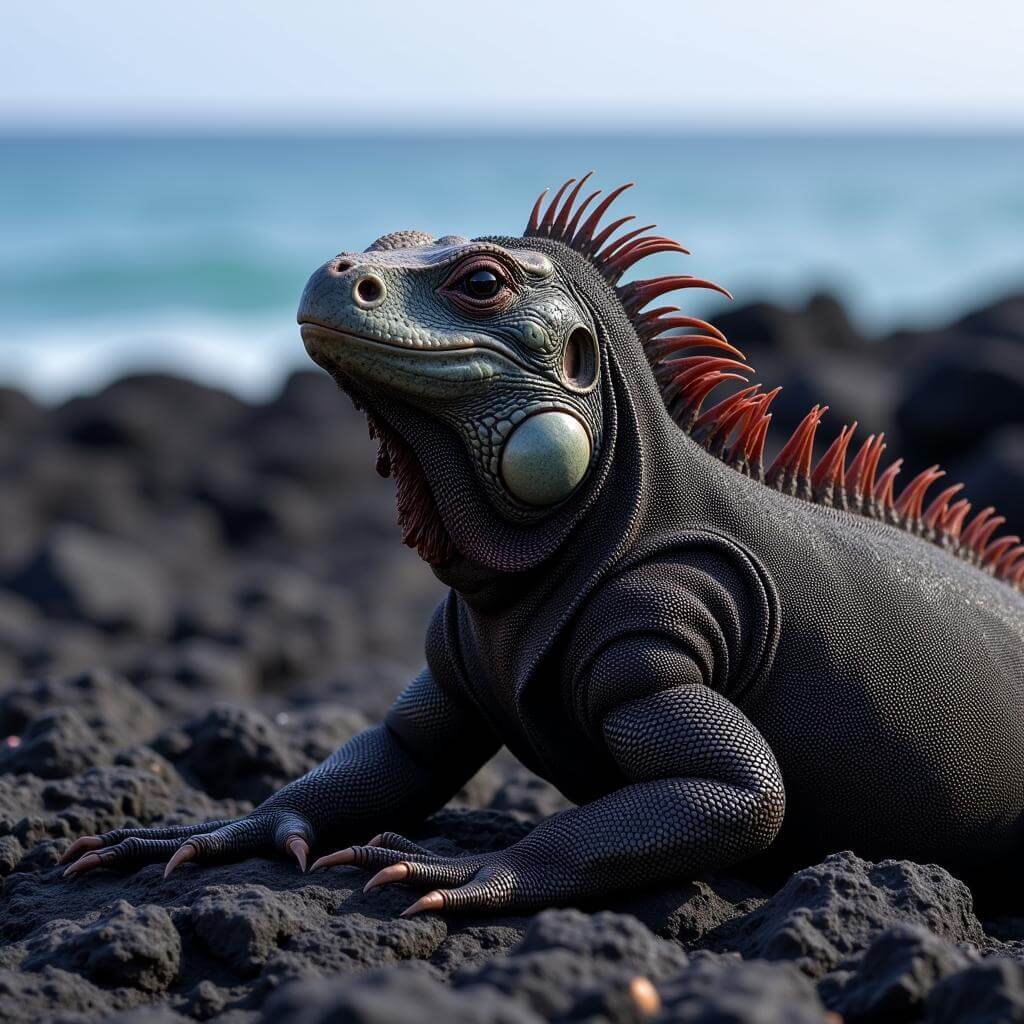 Galapagos marine iguana basking on volcanic rocks