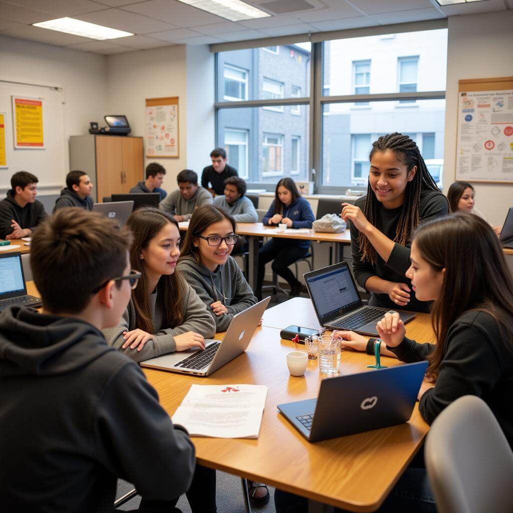 High school students engaged in various learning activities