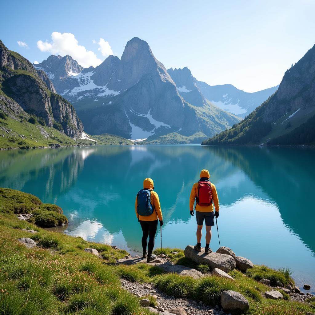 Hikers reaching an alpine lake in the Swiss Alps