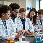 Students conducting a science experiment in a modern laboratory