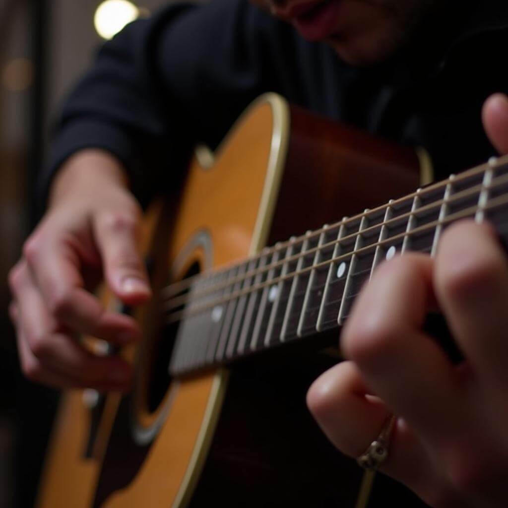 A person practicing guitar with determination