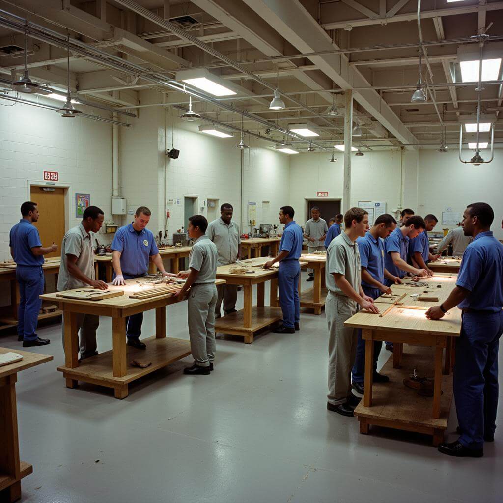 Inmates receiving job training in a prison workshop