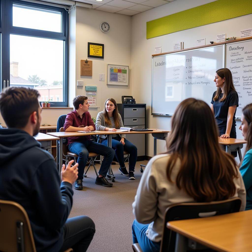 Students engaged in leadership training classroom discussion