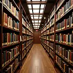 Library shelves filled with colorful books