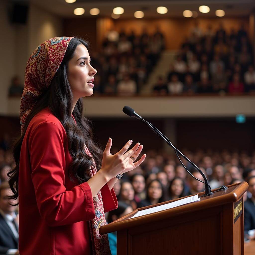 Malala Yousafzai delivering a speech at a podium