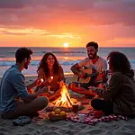 A group of friends enjoying a beach bonfire at sunset