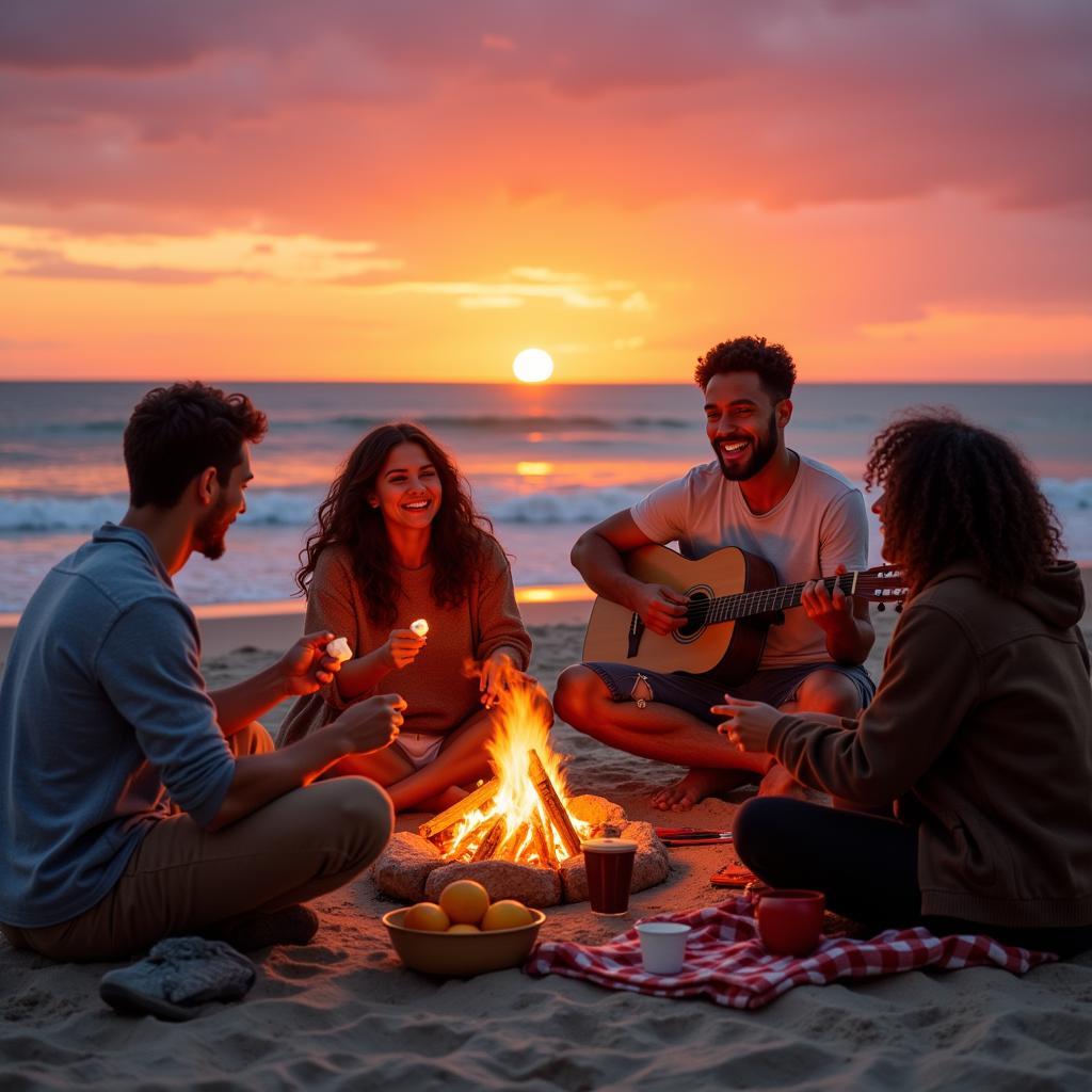 A group of friends enjoying a beach bonfire at sunset