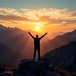 A hiker enjoying a breathtaking mountain sunrise view