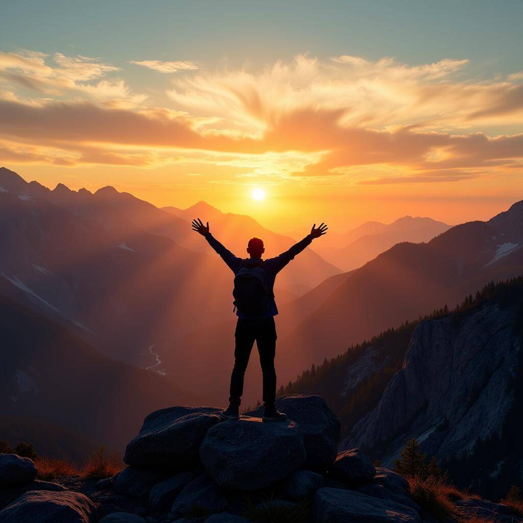 A hiker enjoying a breathtaking mountain sunrise view