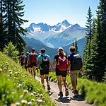 A group of hikers on a mountain trail with scenic views