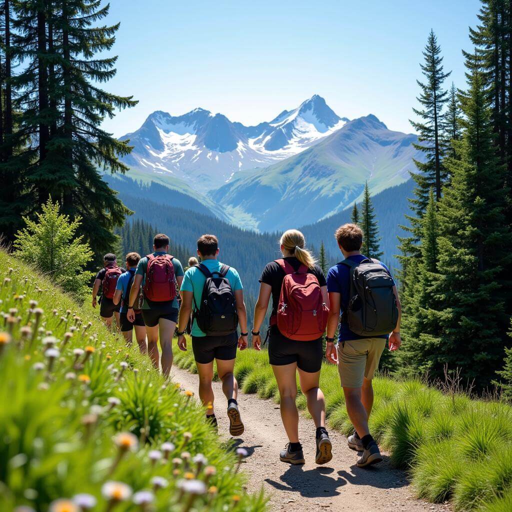 A group of hikers on a mountain trail with scenic views