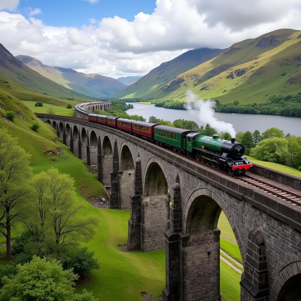 Scenic train journey through Scottish Highlands with breathtaking views