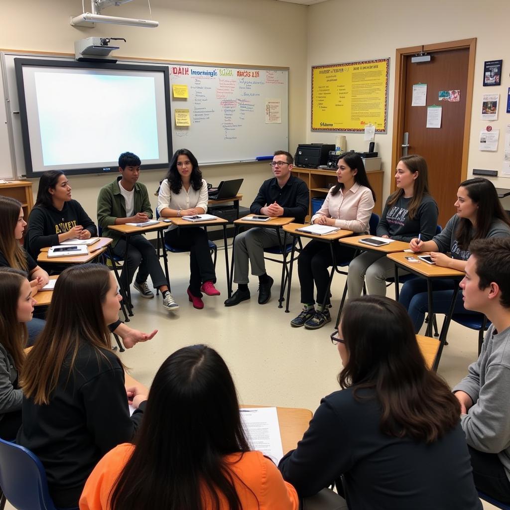 Modern teacher facilitating a group discussion in a classroom