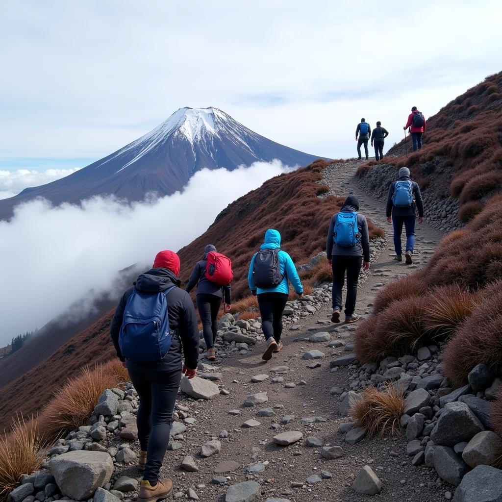 Hikers ascending Mount Fuji during a challenging climb