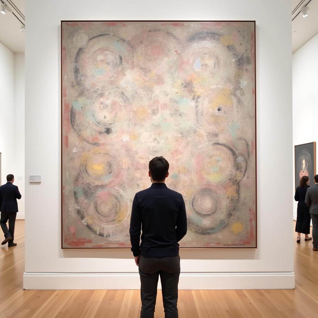 Museum visitor examining artwork