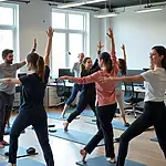 Office workers participating in a group fitness class