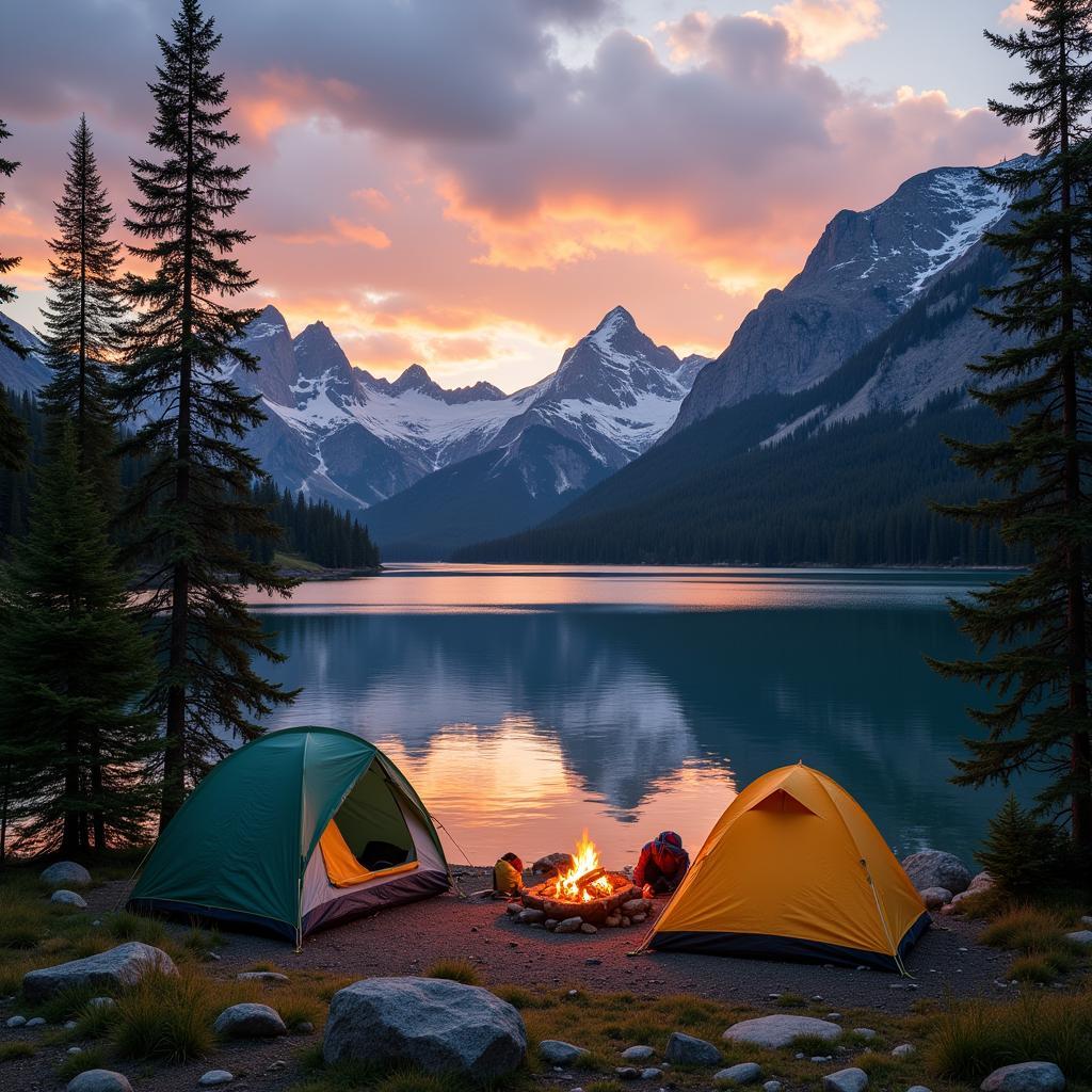 A group camping by a serene lake surrounded by mountains