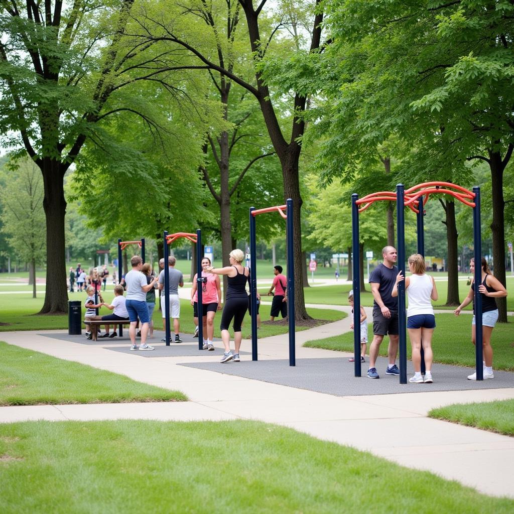 Outdoor fitness equipment in a public park