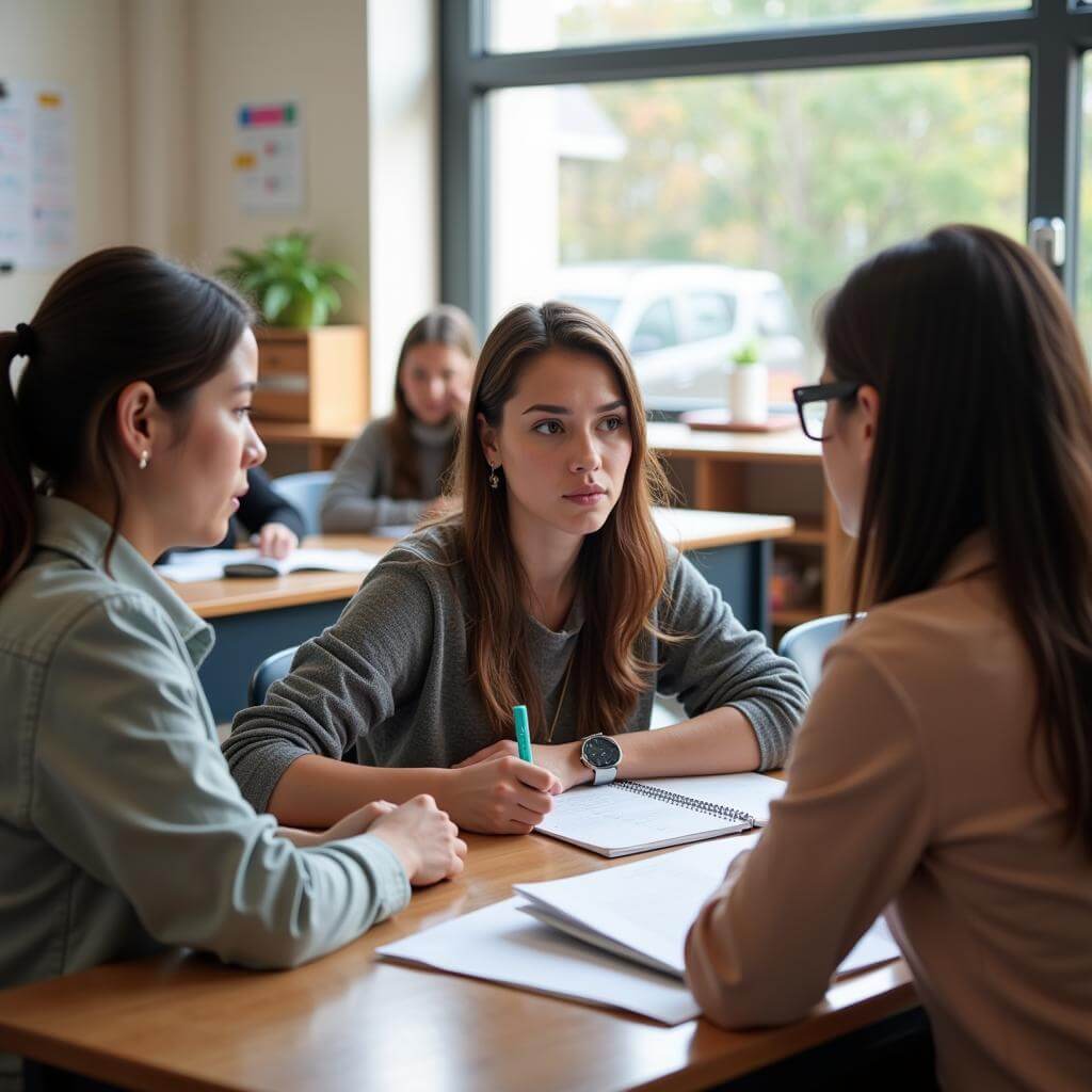 Parents discussing child's education with teacher