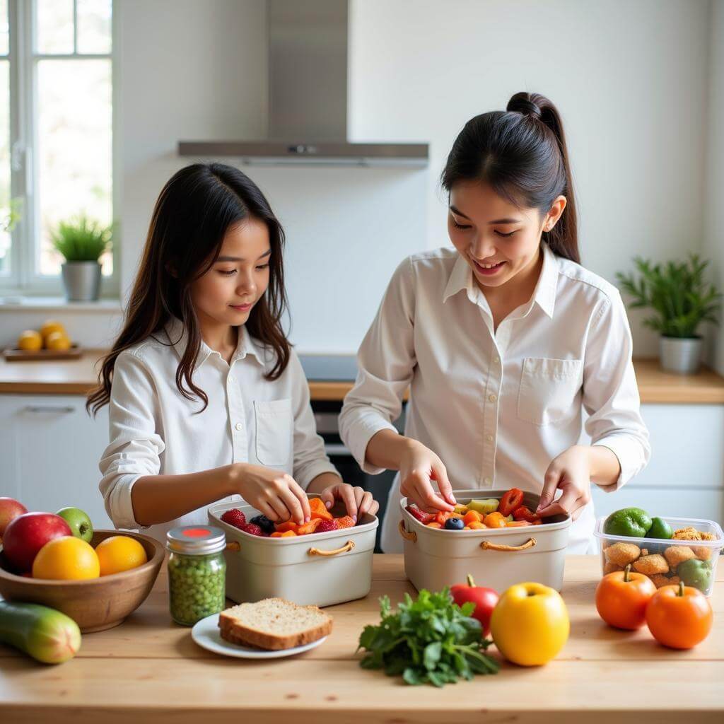 Parents packing healthy school lunches in the kitchen