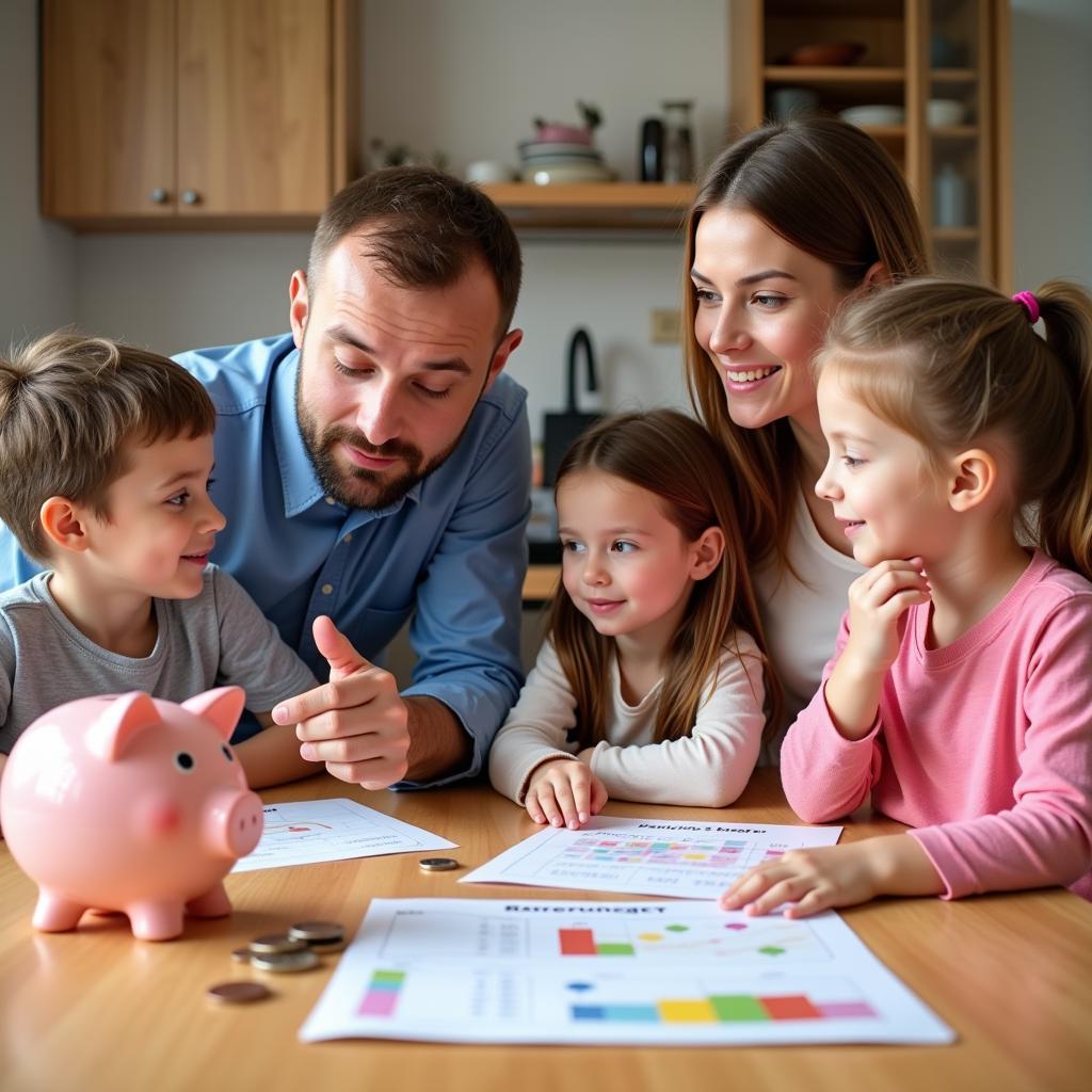 Parents teaching children budgeting at home