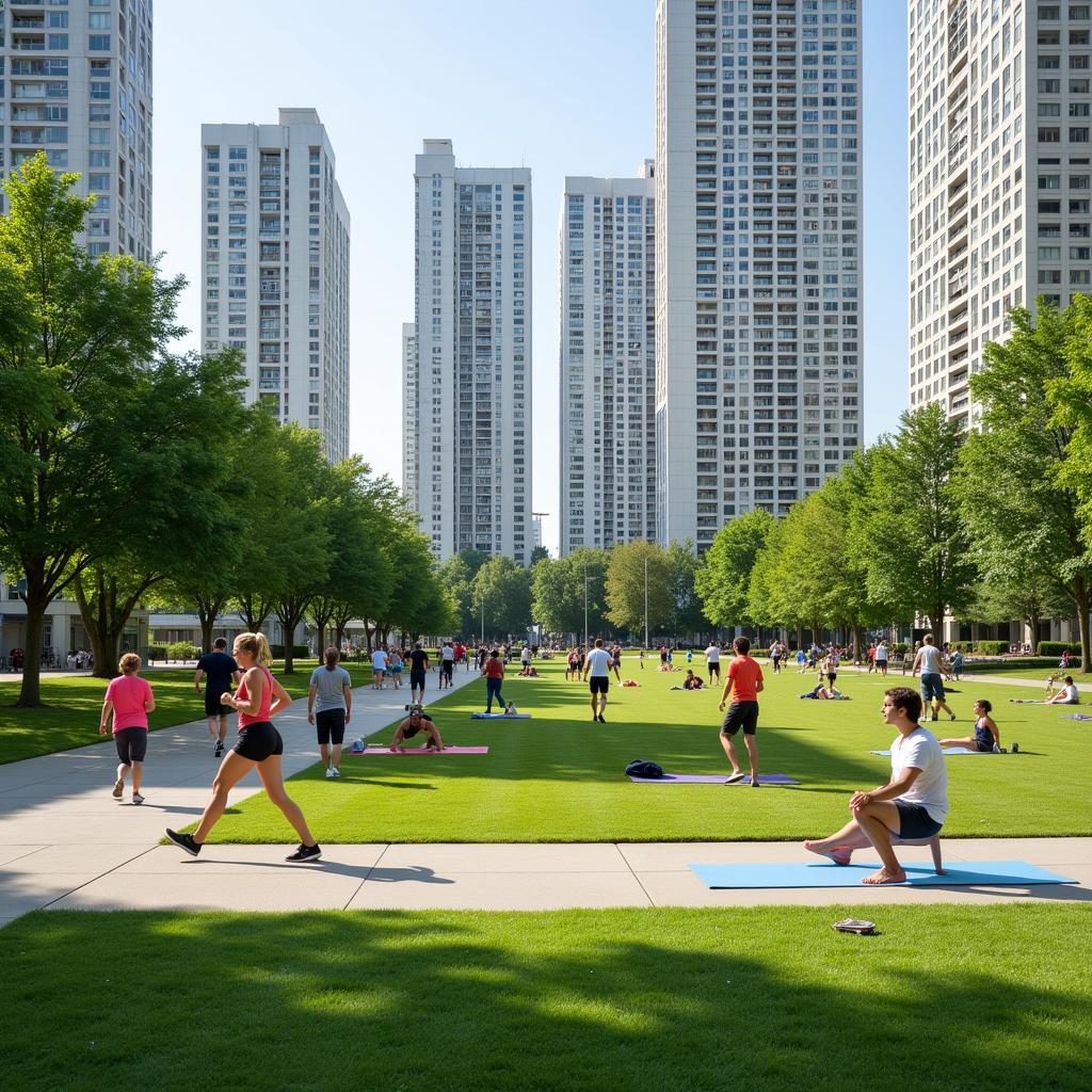 People exercising in a modern urban park