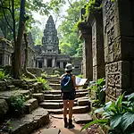 Explorer examining ancient ruins