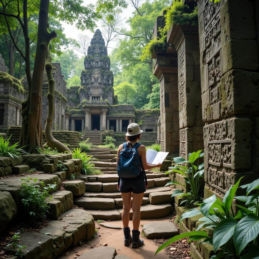 Explorer examining ancient ruins