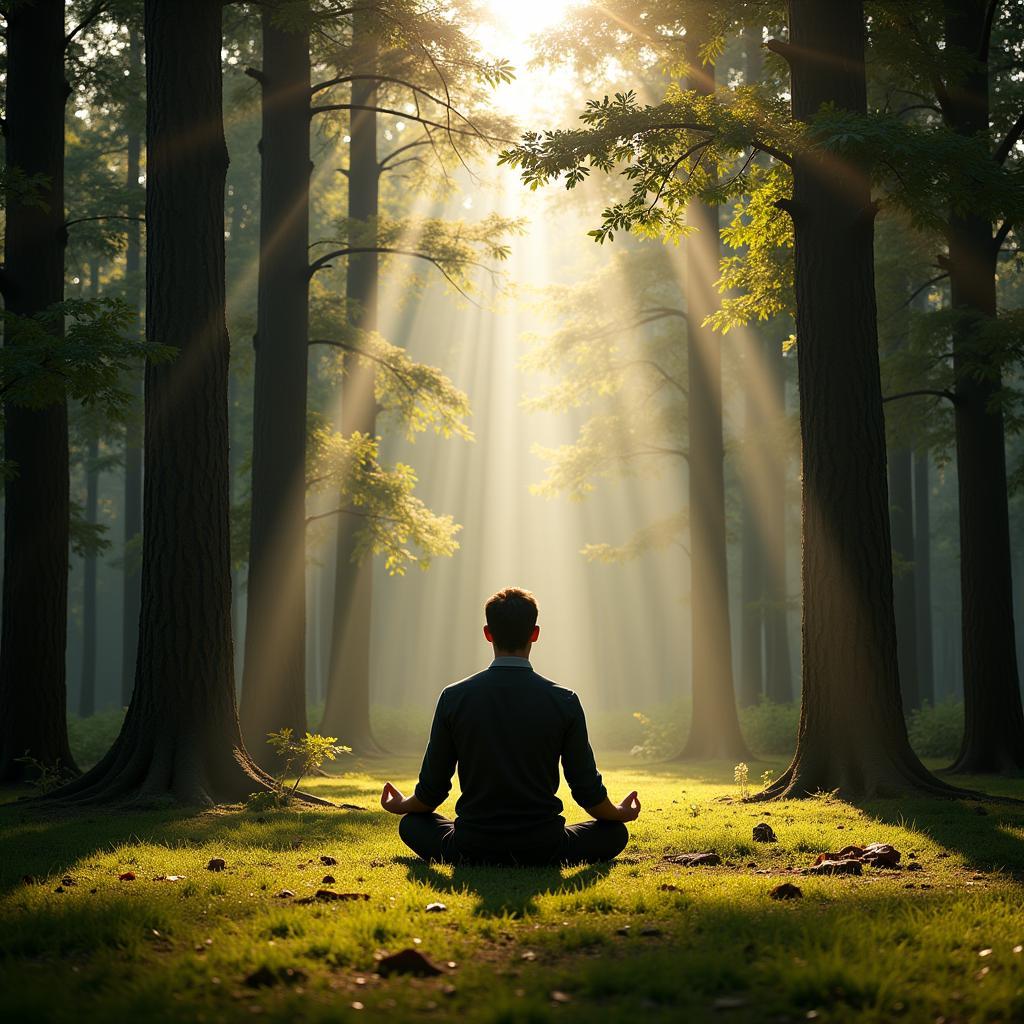 Person meditating alone in forest clearing