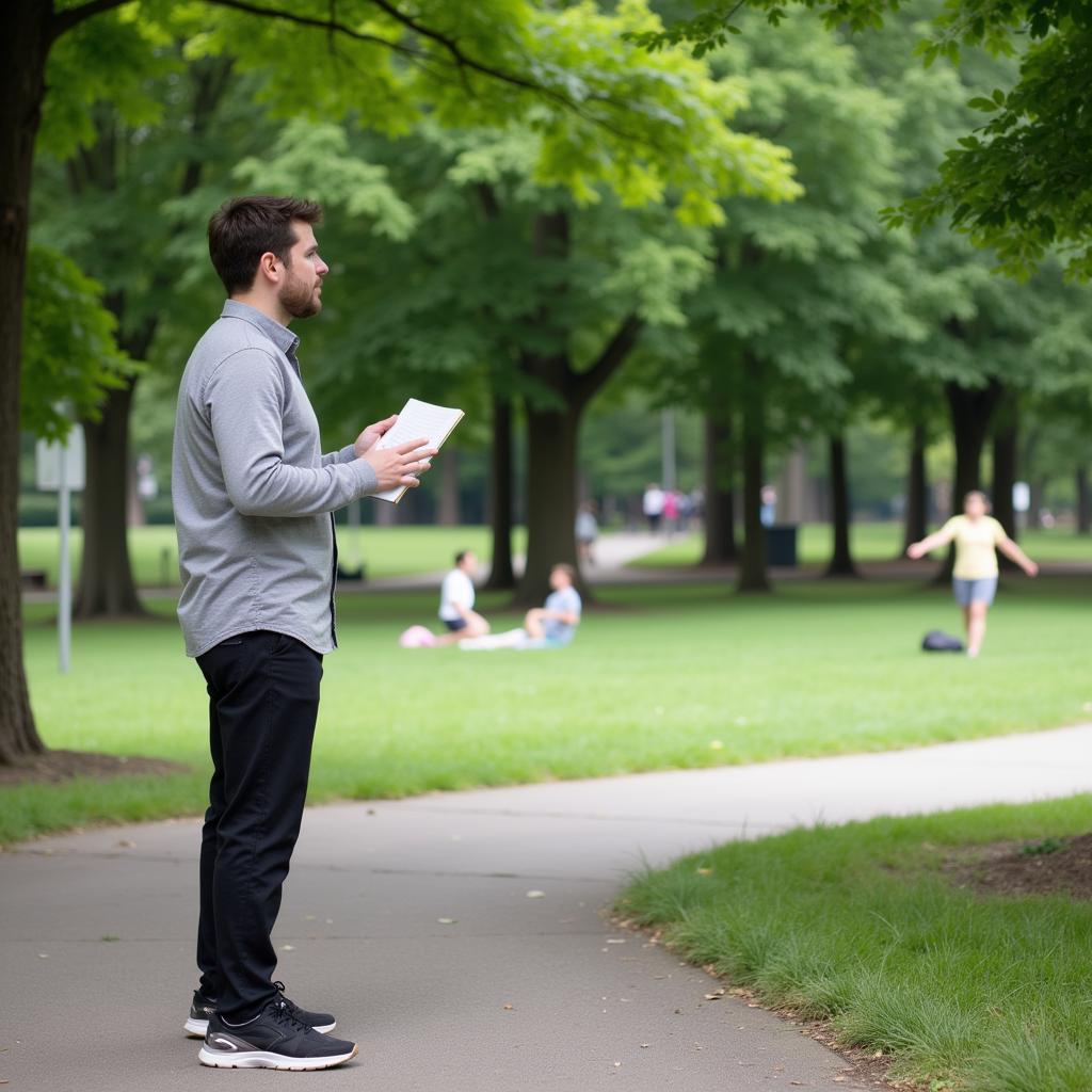 Individual practicing public speaking skills in a peaceful park setting