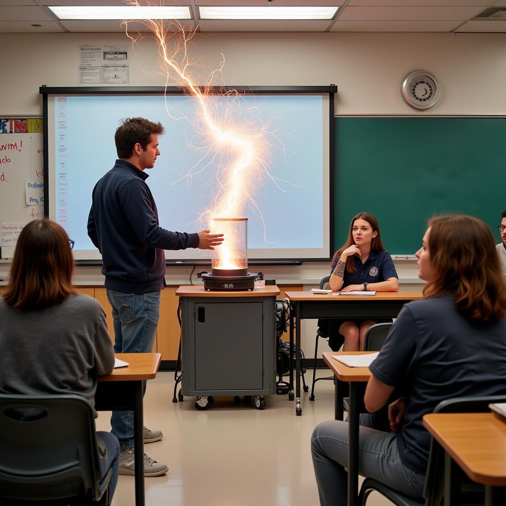 Teacher demonstrating a physics experiment to engaged students