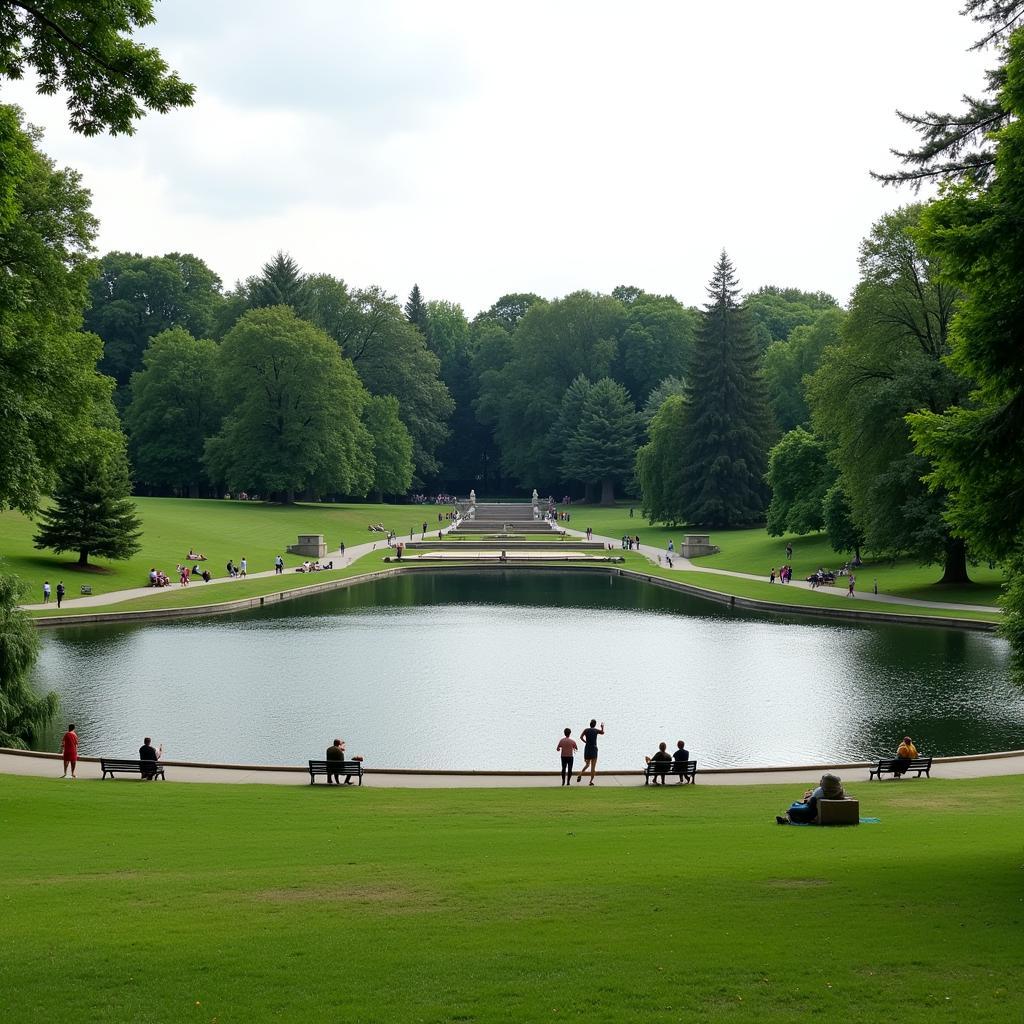 A serene park with a tranquil lake surrounded by lush trees