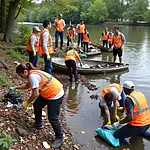 Volunteers cleaning up a polluted river