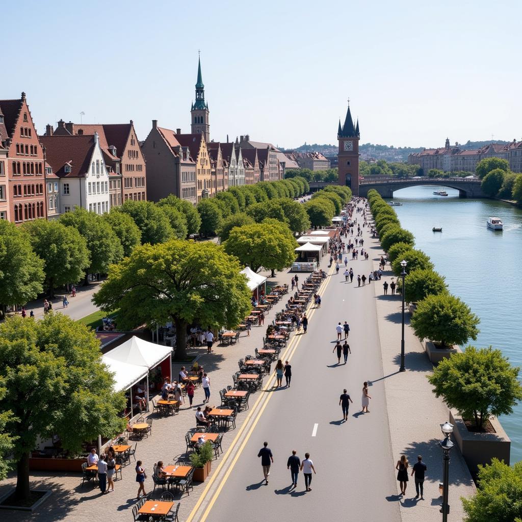 Riverside District with promenade, restaurants, and historical buildings