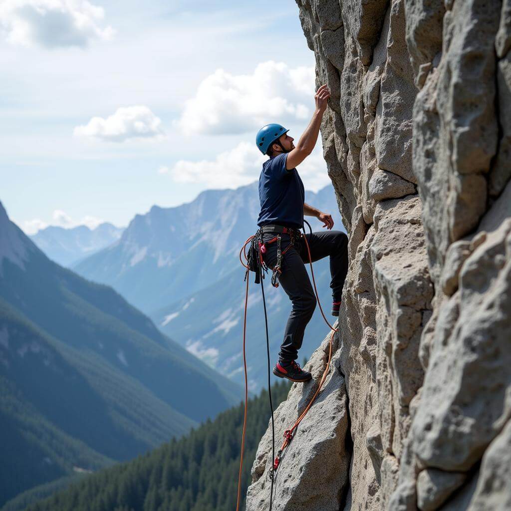 Rock climber scaling a challenging cliff face