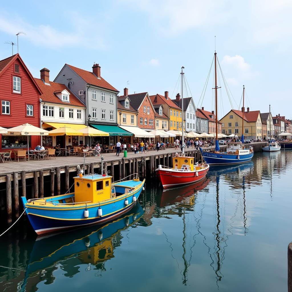 Picturesque harbor of Seahaven with colorful fishing boats