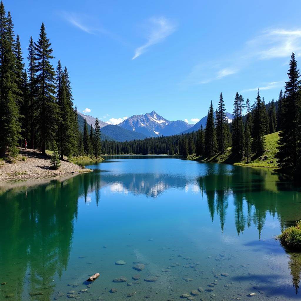 Serene mountain lake surrounded by pine trees