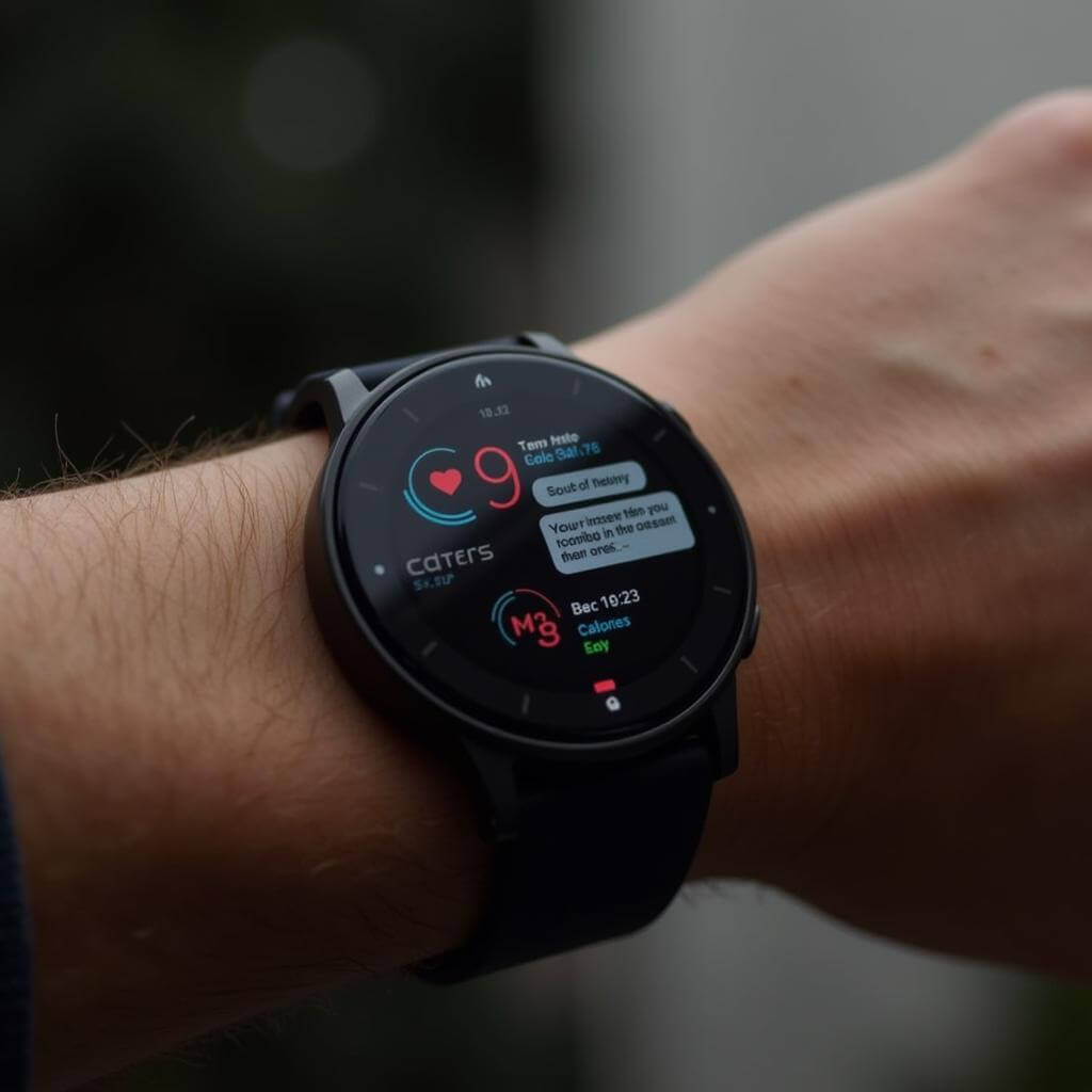 Smartwatch displaying health metrics and notifications