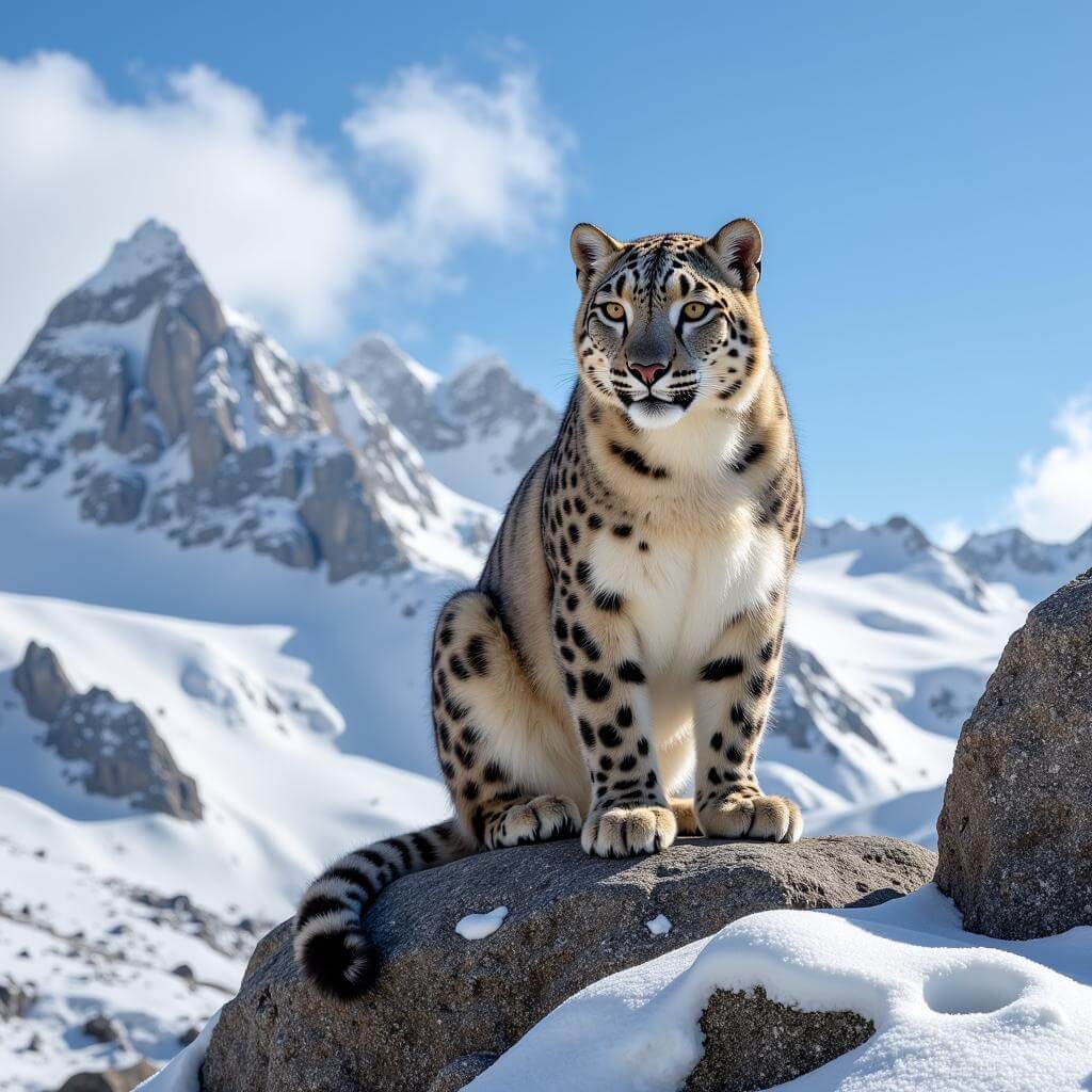 Snow leopard in its natural habitat in the Himalayan mountains