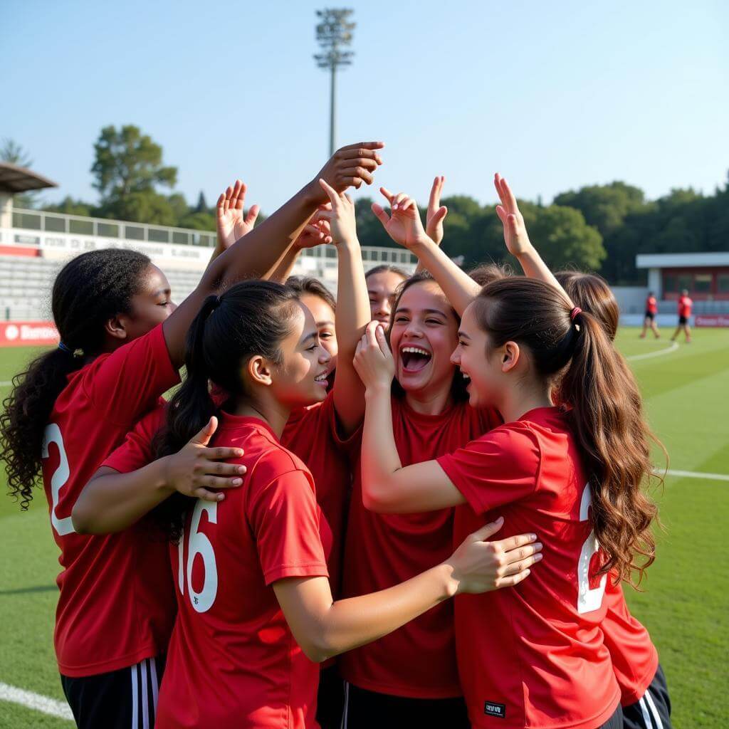 A diverse sports team celebrating victory together